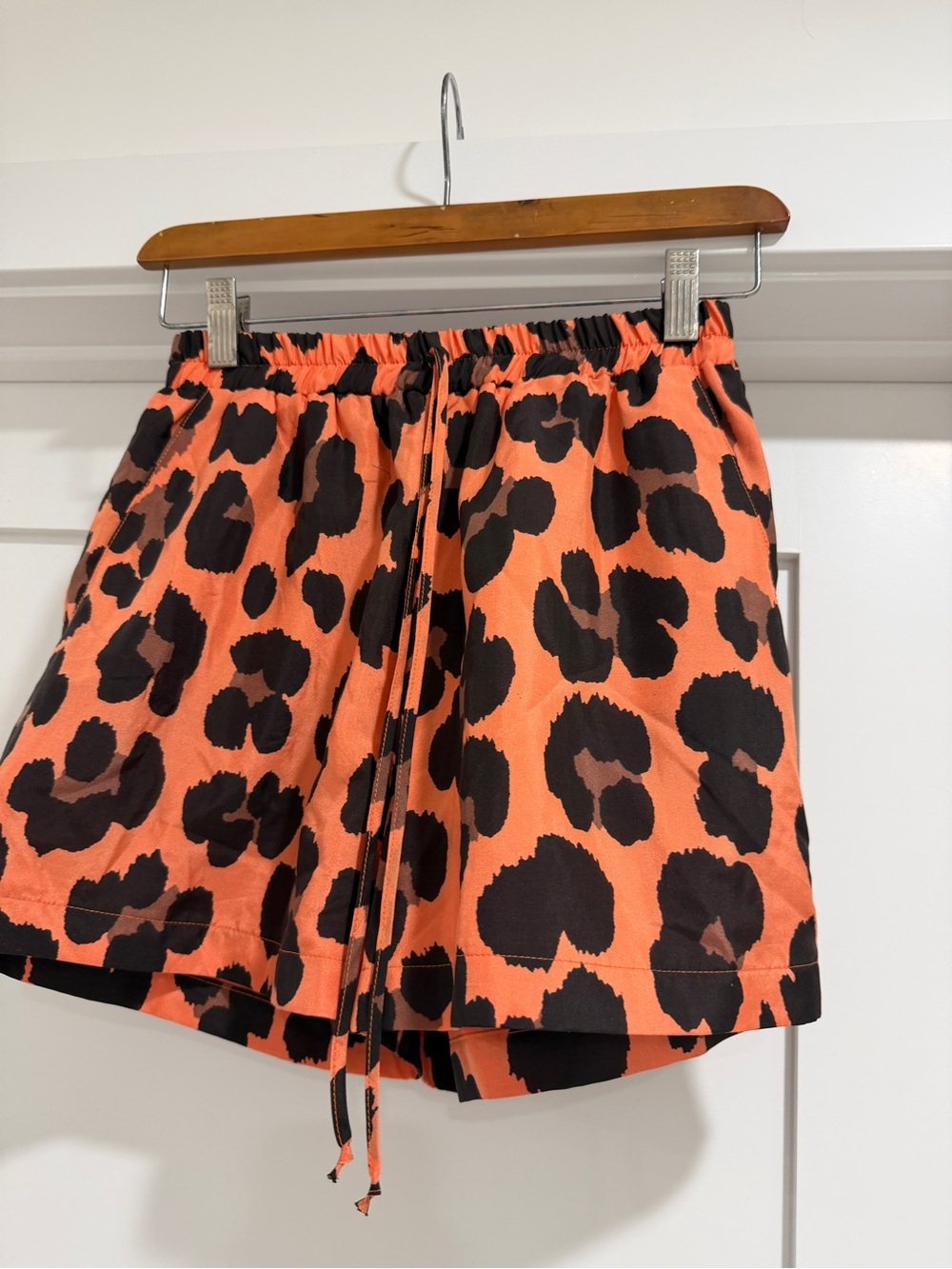 Orange Leopard Print Drawstring Mini Shorts